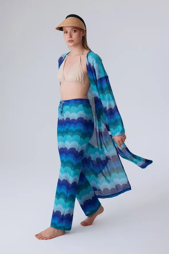 Ethnic Pattern Raschel Knit Kimono - Blue - 2