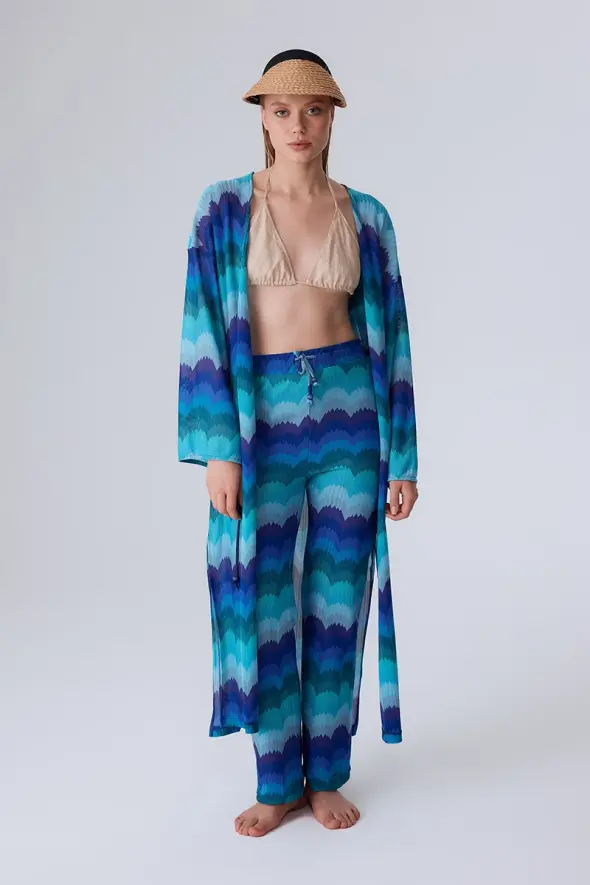 Ethnic Pattern Raschel Knit Kimono - Blue - 3