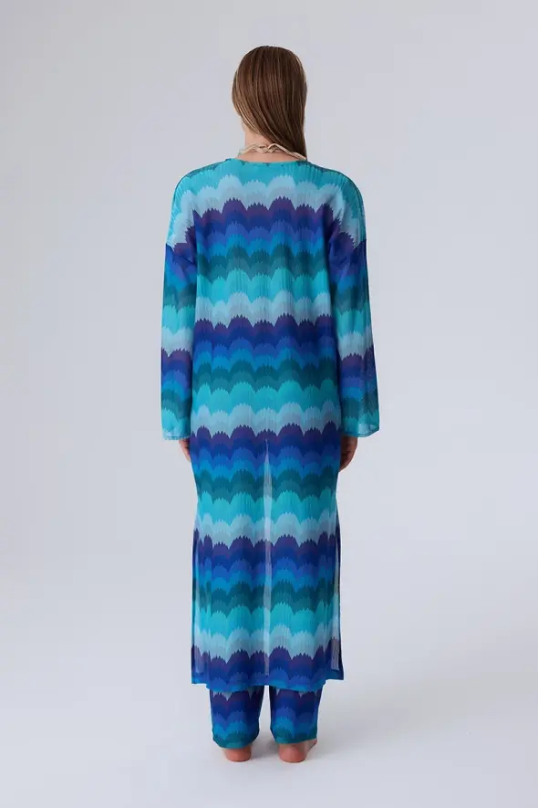 Ethnic Pattern Raschel Knit Kimono - Blue - 5