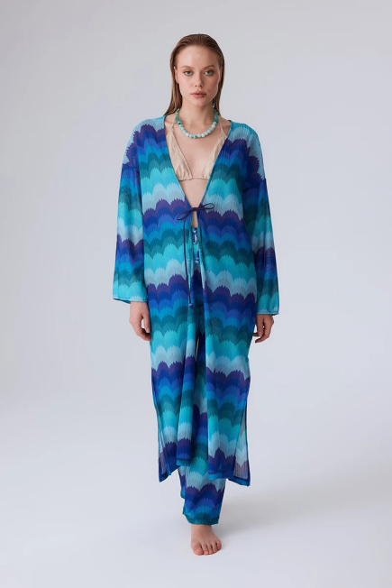 Ethnic Pattern Raschel Knit Kimono - Blue Blue