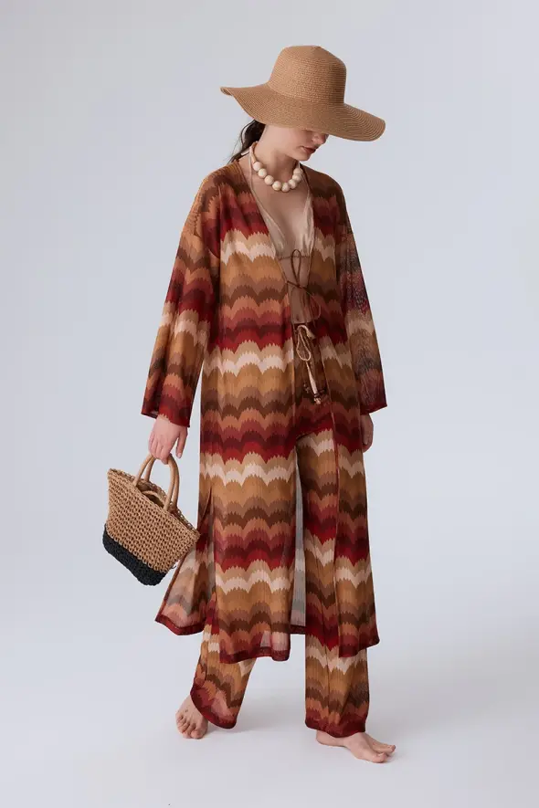 Ethnic Pattern Raschel Knit Kimono - Orange - 4