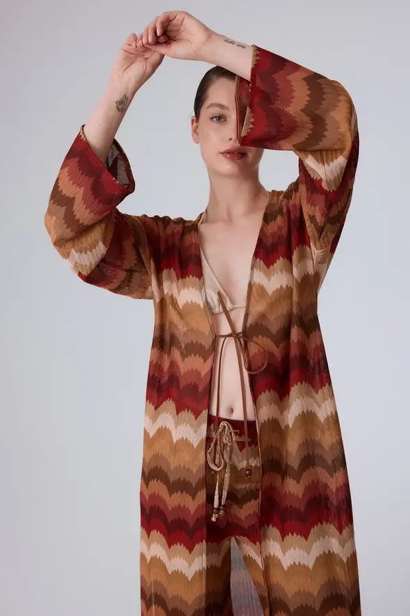 Ethnic Pattern Raschel Knit Kimono - Orange - 3