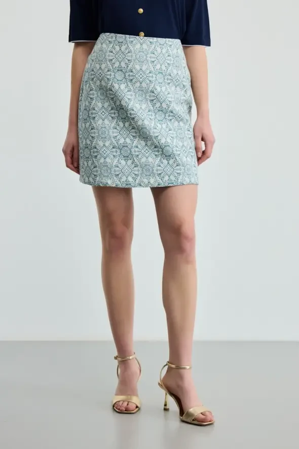 Ethnic Patterned Cotton Skirt - Blue - 1