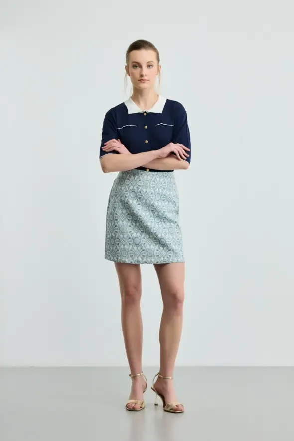 Ethnic Patterned Cotton Skirt - Blue - 2