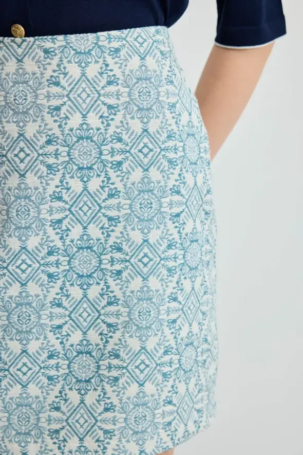 Ethnic Patterned Cotton Skirt - Blue - 3