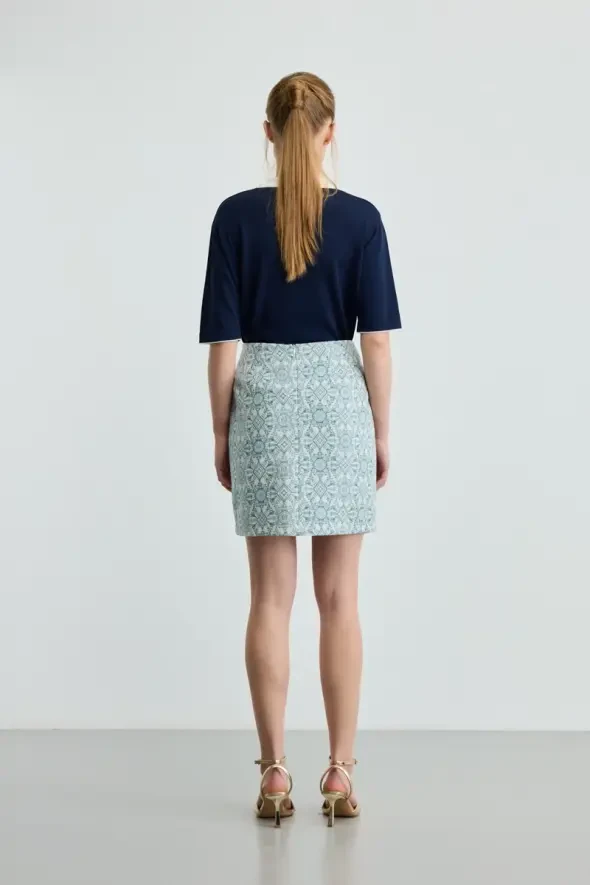 Ethnic Patterned Cotton Skirt - Blue - 4