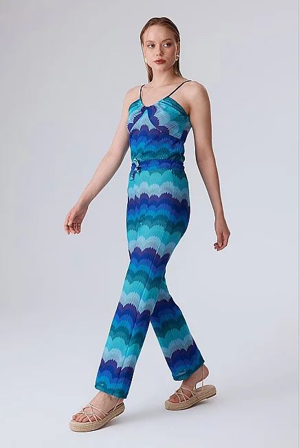 Ethnic Print Raschel Knit Trousers - Blue - 1