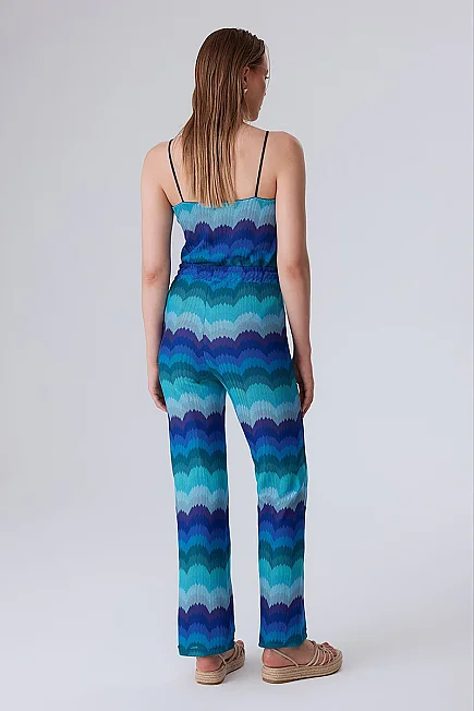 Ethnic Print Raschel Knit Trousers - Blue - 4