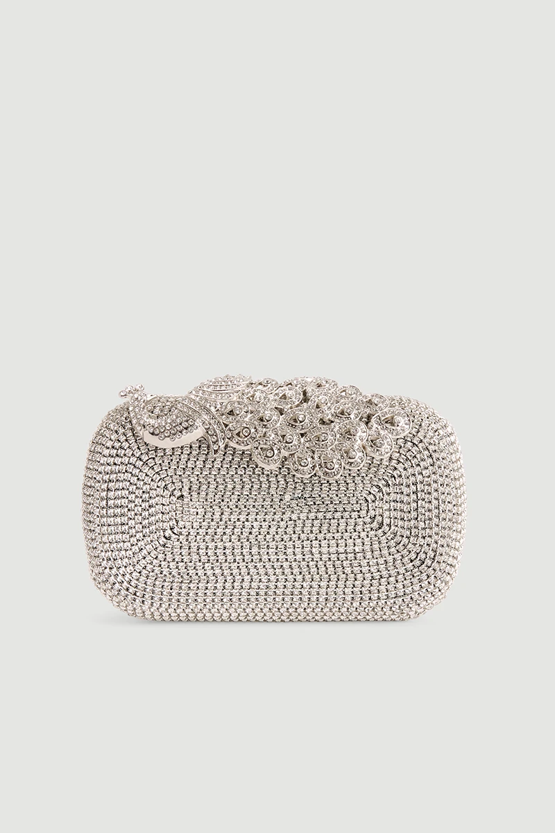 Evening Clutch Bag with Metal Detail and Stones - Silver - 1