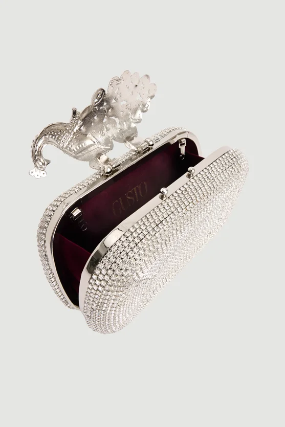 Evening Clutch Bag with Metal Detail and Stones Silver - 6