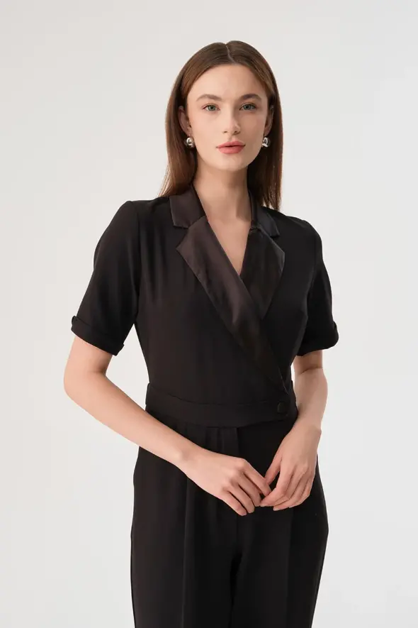 Evening Dress Jumpsuit with Satin Collar - Black - 2
