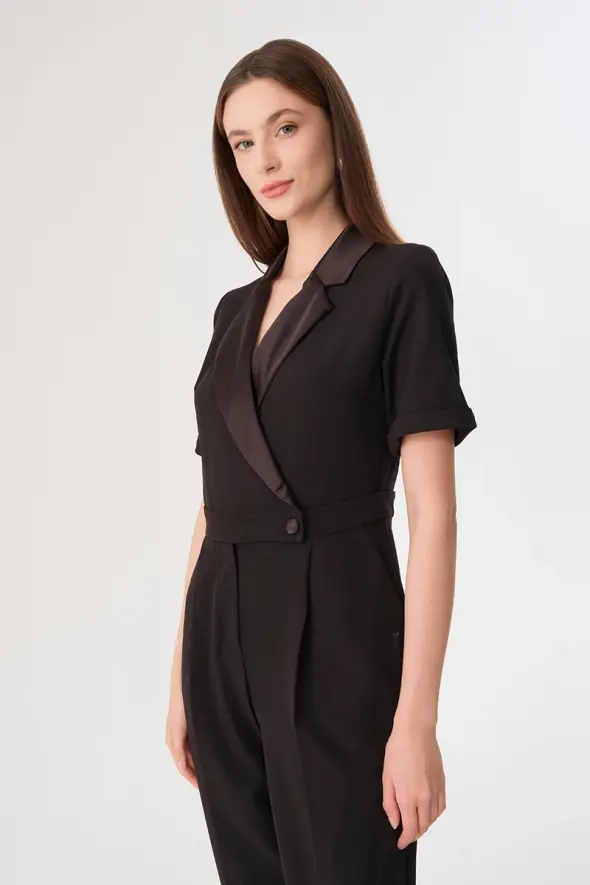 Evening Dress Jumpsuit with Satin Collar - Black - 4