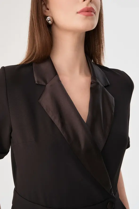 Evening Dress Jumpsuit with Satin Collar - Black - 5