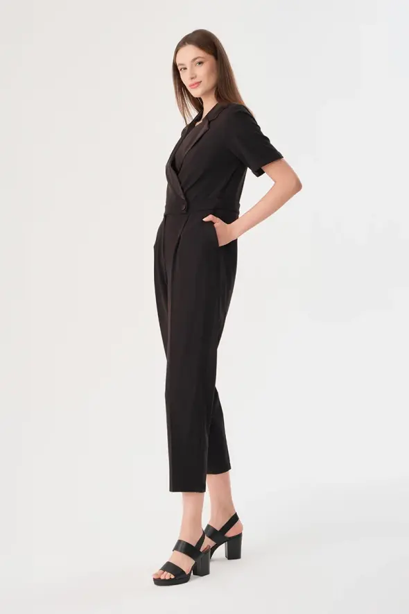 Evening Dress Jumpsuit with Satin Collar - Black - 3
