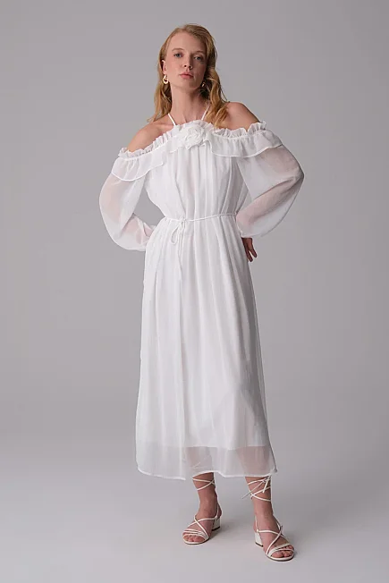 Evening Dress with Floral Brooch - White - 3