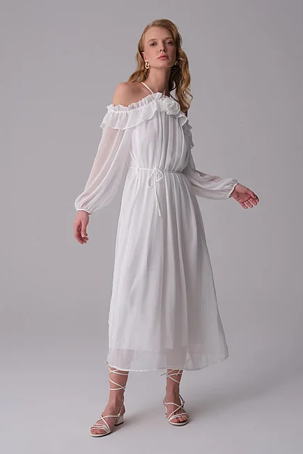 Evening Dress with Floral Brooch - White - 4