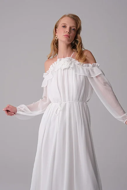 Evening Dress with Floral Brooch - White - 6