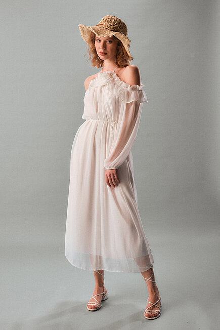 Evening Dress with Floral Brooch - White - 8