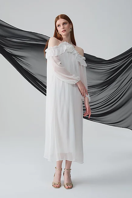 Evening Dress with Floral Brooch - White - 1