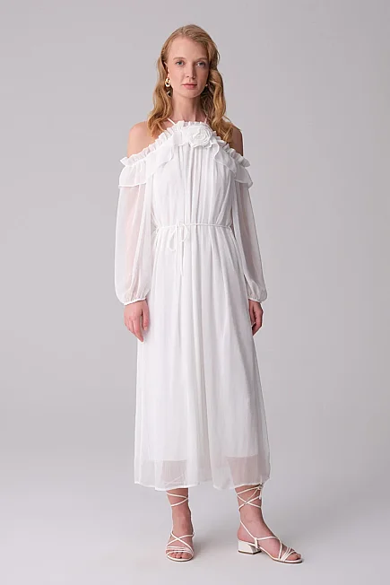 Evening Dress with Floral Brooch - White - 2