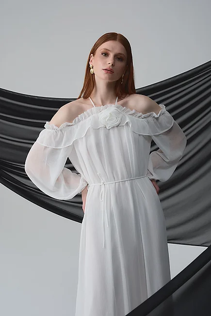Evening Dress with Floral Brooch - White - 5