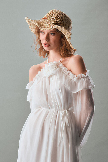 Evening Dress with Floral Brooch - White - 9