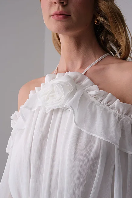 Evening Dress with Floral Brooch - White - 10