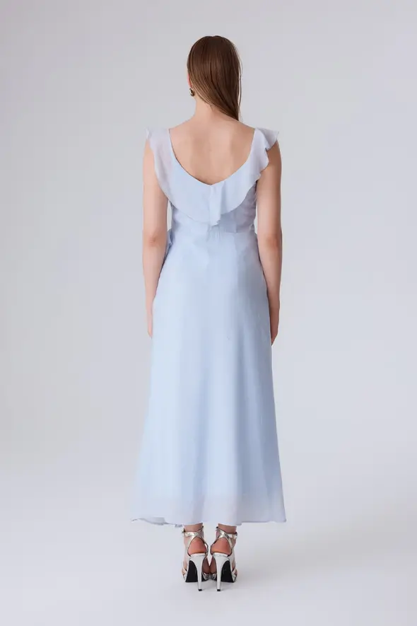 Evening Dress with Straps and Volan - Blue - 5