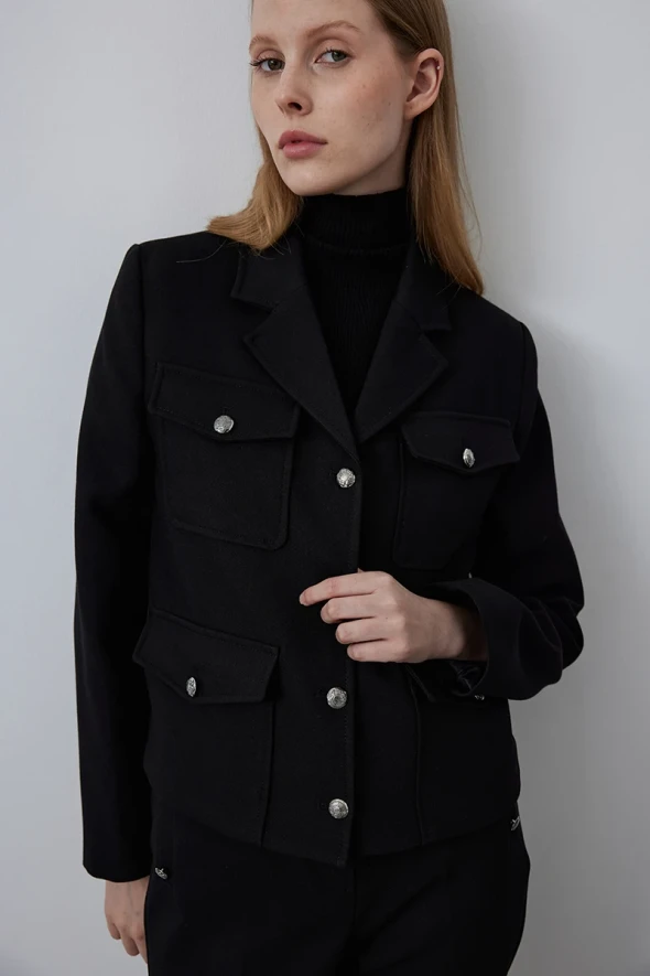 Fabric Jacket with Pocket - Black - 3