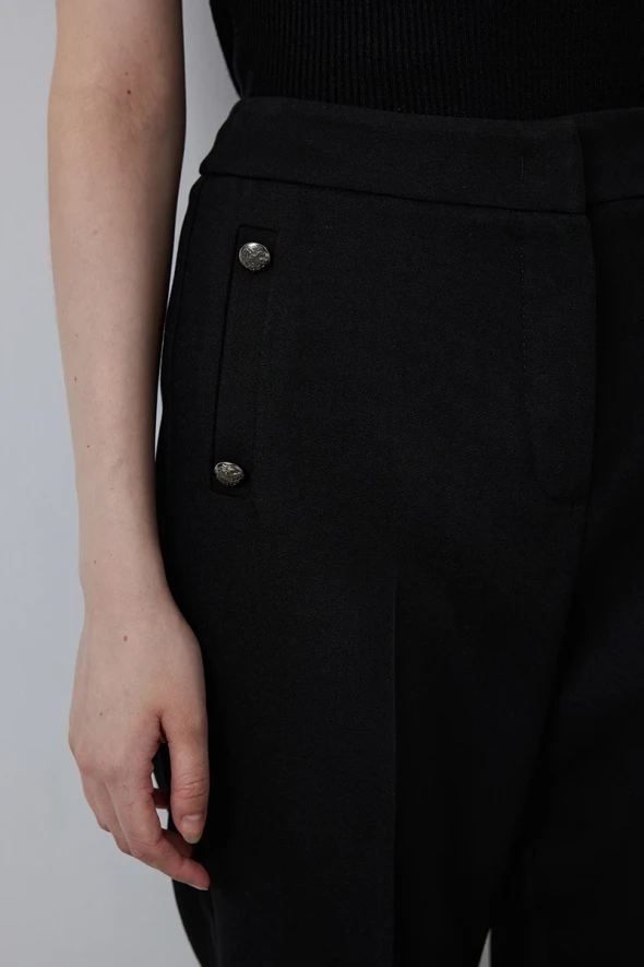 Fabric Pants with Button Pockets - Black - 3