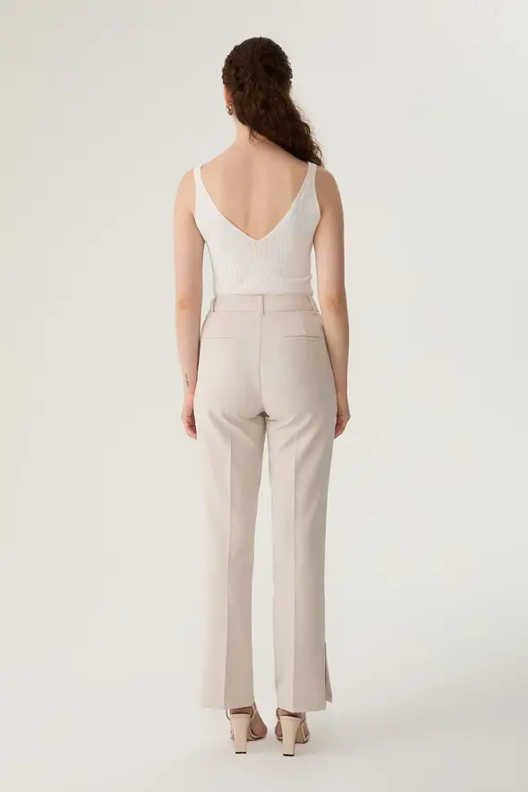 Fabric Pants with Slit - Beige - 6