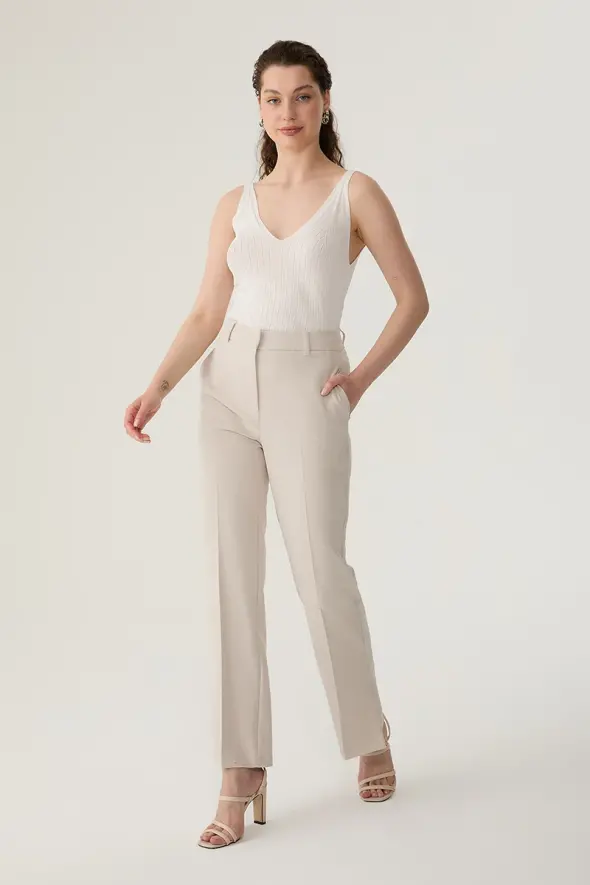 Fabric Pants with Slit - Beige - 2