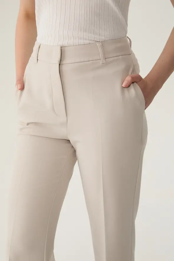 Fabric Pants with Slit - Beige - 4