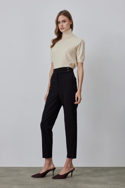 Fabric Sigaret Pants with Belt Pockets - Black Black