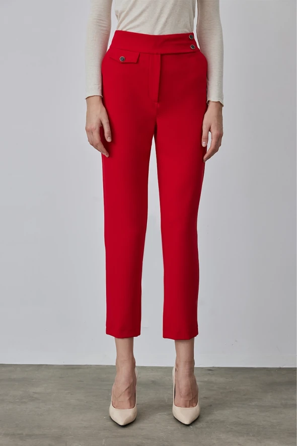 Fabric Sigaret Pants with Belt Pockets - Red - 3