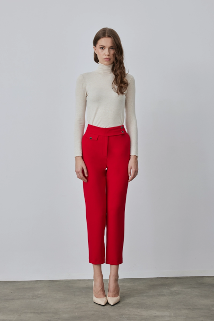 Fabric Sigaret Pants with Belt Pockets - Red Red