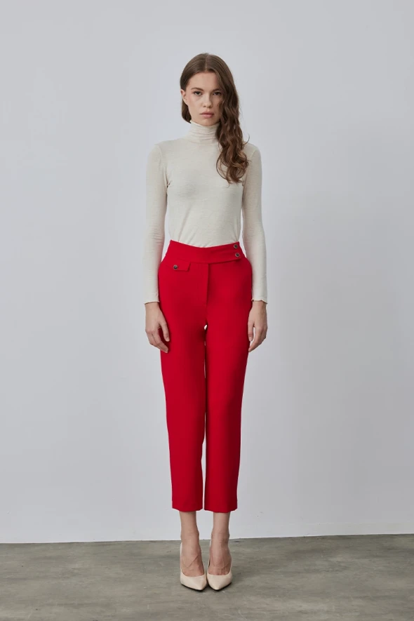 Fabric Sigaret Pants with Belt Pockets - Red - 1