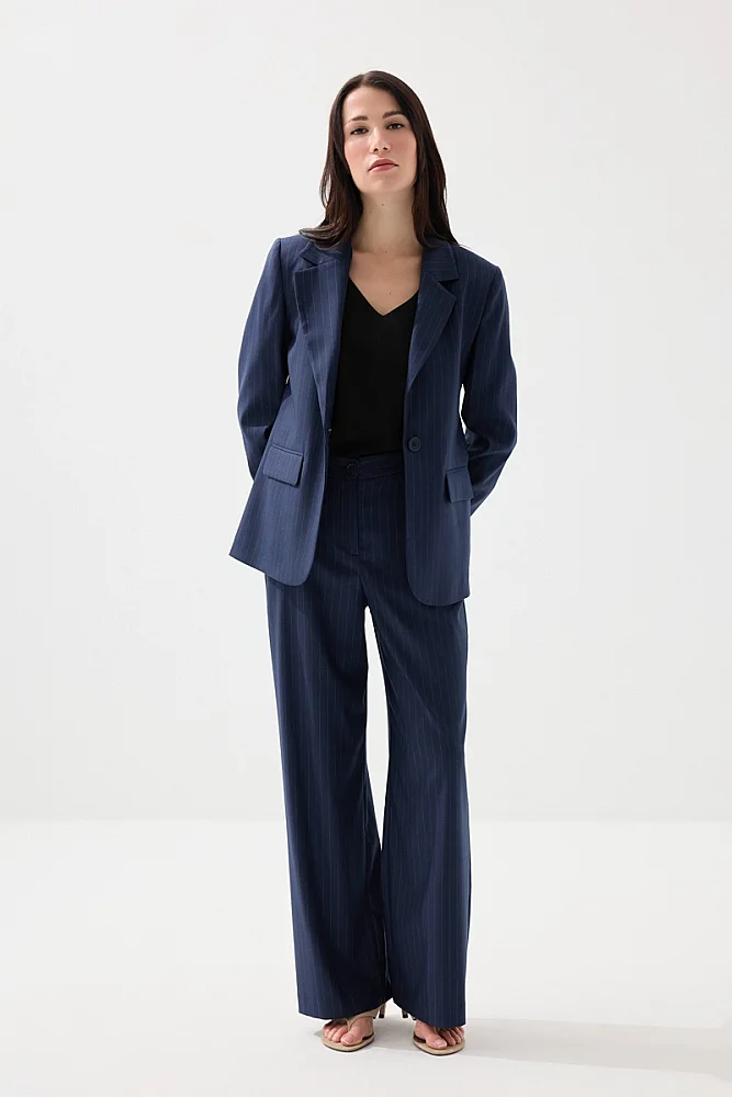 Faint Striped Wide-Leg Fabric Pants - Navy Blue - Gusto