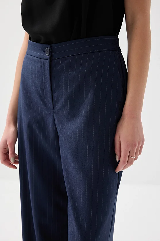 Faint Striped Wide-Leg Fabric Pants - Navy Blue - Gusto