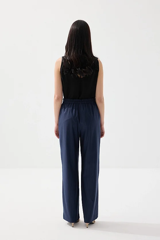 Faint Striped Wide-Leg Fabric Pants - Navy Blue - Gusto