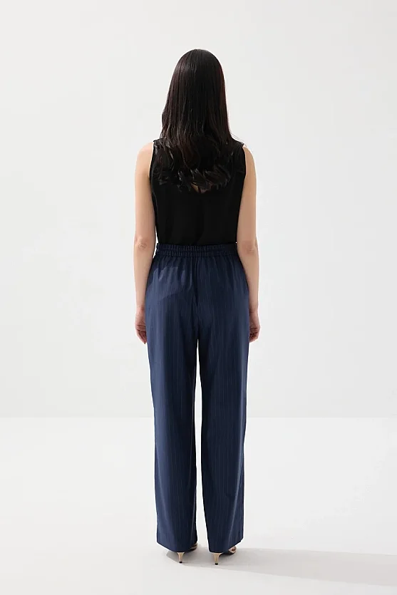 Faint Striped Wide-Leg Fabric Pants - Navy Blue - 6