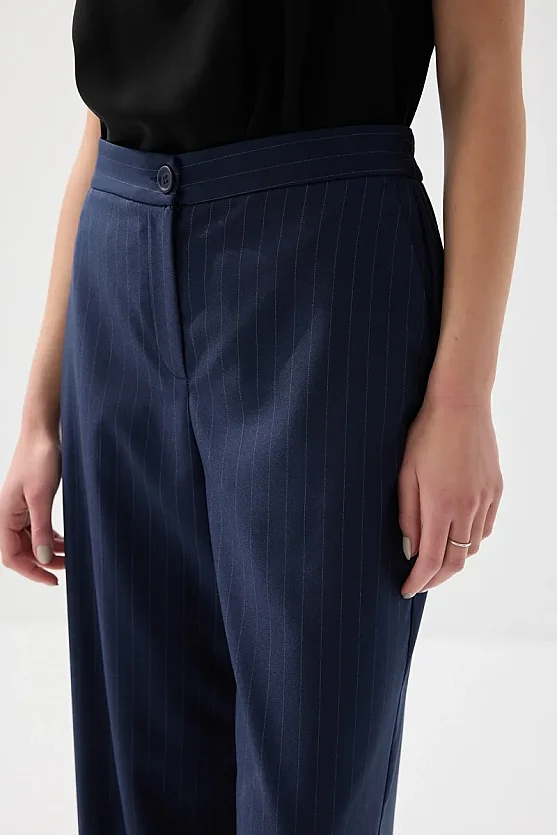 Faint Striped Wide-Leg Fabric Pants - Navy Blue - Gusto