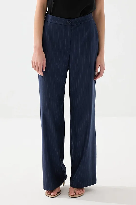 Faint Striped Wide-Leg Fabric Pants - Navy Blue - Gusto