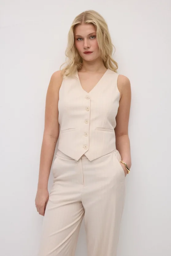 Faint Striped Wide-Leg Fabric Pants - Powder Pink - 3