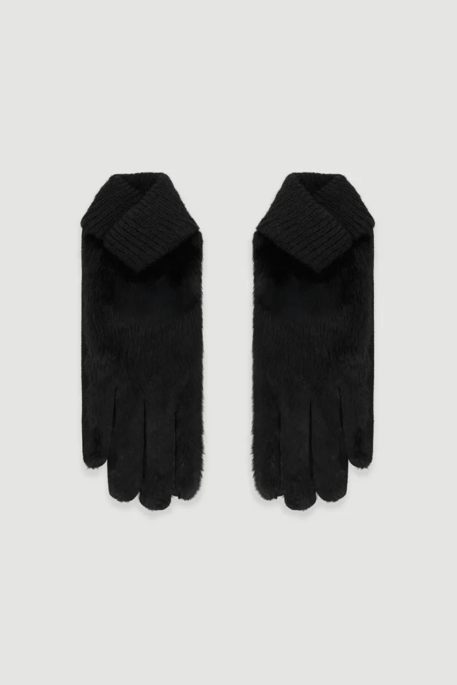 Faux Fur Gloves Black Black