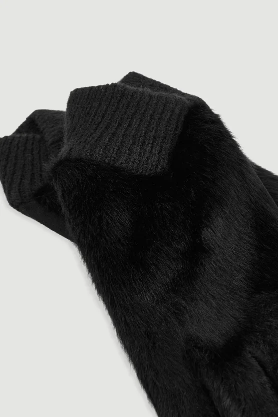 Faux Fur Gloves Black - 2