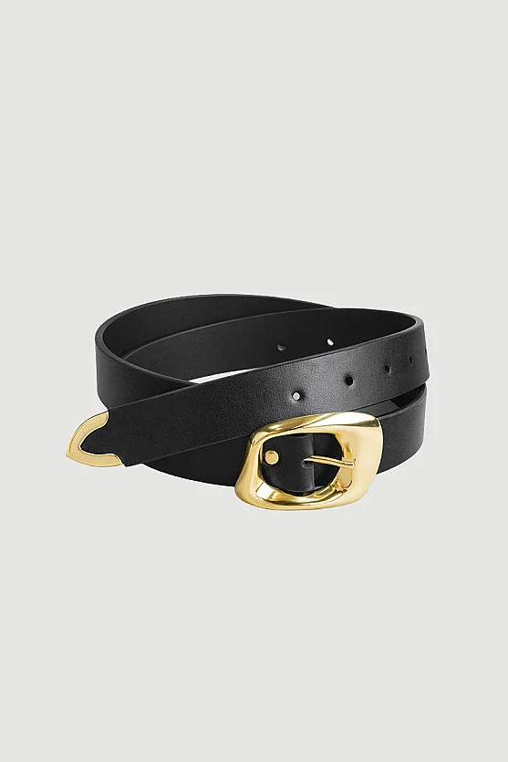 Faux Leather Belt with Large Buckle - Black - Gusto