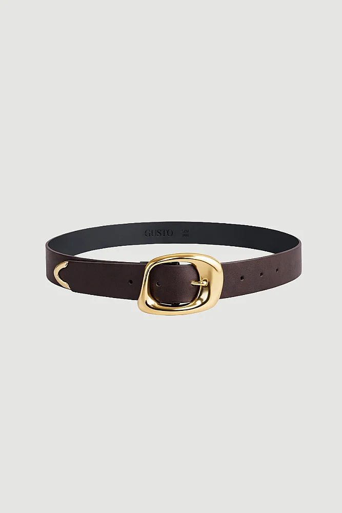 Faux Leather Belt with Large Buckle - Brown