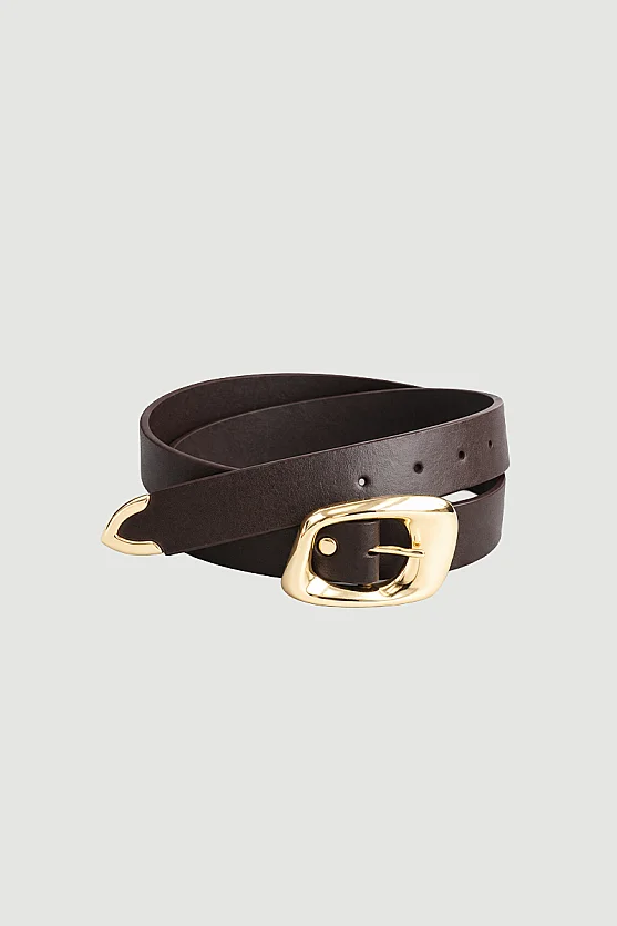 Faux Leather Belt with Large Buckle - Brown - Gusto