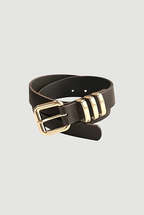 Faux Leather Belt with Metal Bridge - Brown - 2